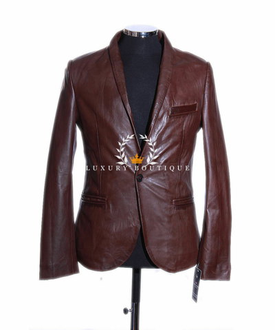 Pre-owned L.b Charlie Brown Men's Smart Designer 1 Button Real Lambskin Leather Blazer Jacket