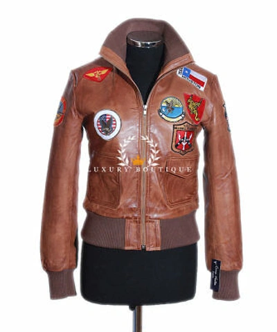 Pre-owned L.b Ladies Top Gun Tan Designer Movie Real Lambskin Leather Bomber Fashion Jacket