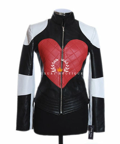 Pre-owned L.b Kylie Black / White Ladies Red Heart Designer Lambskin Leather Fashion Jacket
