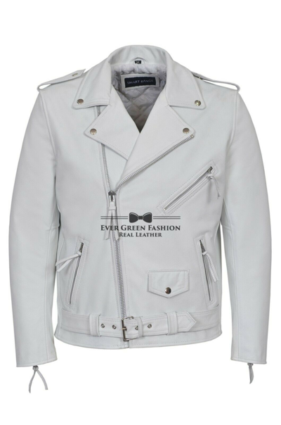 Pre-owned Real Leather Men's Brando White Leather Jacket Classic Biker Smart Fitted Real Hide Leather