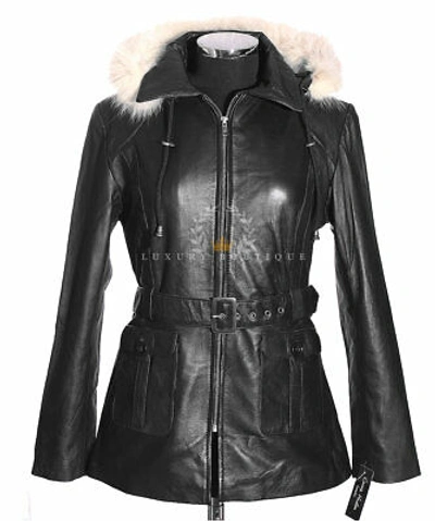 Pre-owned L.b Beyonce Black Ladies White Fur Hooded Lambskin Leather Trench Coat Parka Jacket
