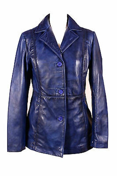 Pre-owned Real Leather Ladies Hip Length Blazer Blue Wax Classic Formal Long Top  Jacket