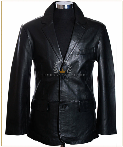 Pre-owned L.b Carter Black (sr4080) Men's Smart 2 Button Real Lambskin Leather Blazer Jacket
