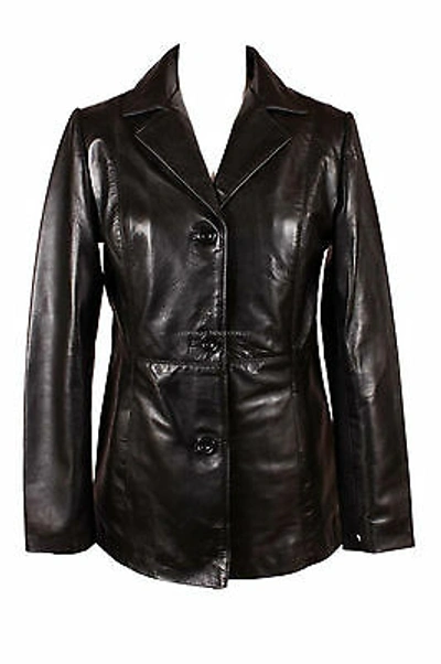 Pre-owned Real Leather Ladies Hip Length Blazer Black Wax Classic Formal Long Top  Jacket