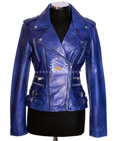 Pre-owned L.b 7113 Blue Ladies Biker Fashion Designer Real Waxed Lambskin Leather Jacket