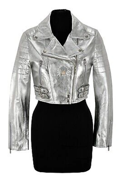 Pre-owned L.b Missy Ladies Cropped Leather Jacket Metallic Silver Napa Short Fashion Jacket