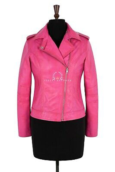 Pre-owned L.b Isabel Pink Ladies Women's Biker Style Fashion Real Lambskin Leather Jacket