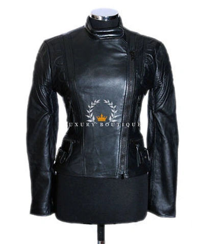 Pre-owned L.b Ladies Limo Black Biker Retro Designer Real Lambskin Leather Fashion Jacket