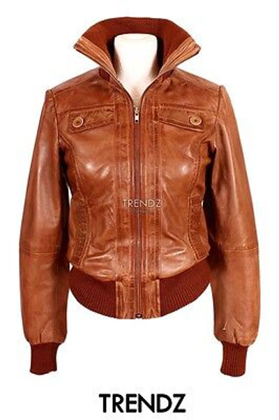 Pre-owned Bomber Ladies Alpha 5 (sr232) Tan Biker Style  Lambskin Leather Designer Jacket