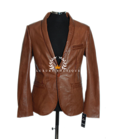 Pre-owned L.b Charlie Tan Men's (1 Button) Smart Designer Real Lambskin Leather Blazer Jacket