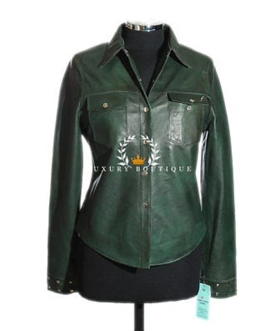 Pre-owned L.b Yvonne Green Ladies Smart Designer Real Soft Lambskin Leather Shirt Jacket