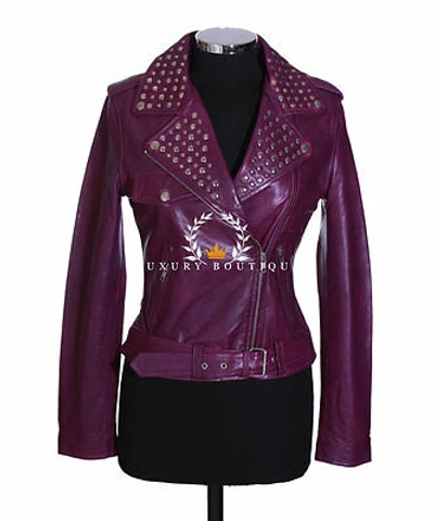 Pre-owned L.b Veronica Purple Ladies Studded Women's Biker Style Real Lambskin Leather Jacket