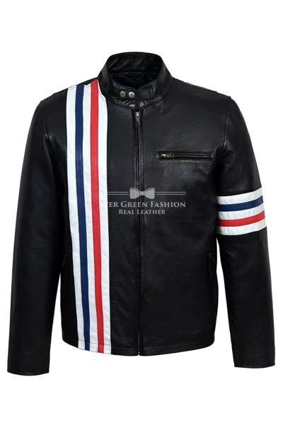Pre-owned Leather Men's Black  Jacket American Biker Style Stripes Real  Easy Rider