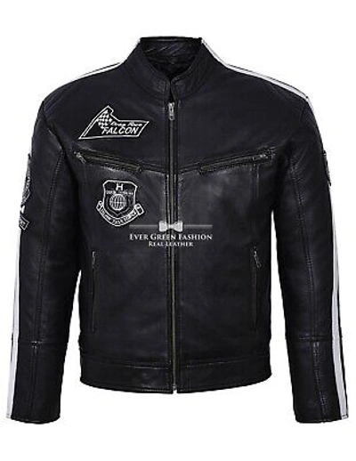 Pre-owned Leather Tough Rider Men's Black Classic Biker Style Badges Motorcycle  Jacket