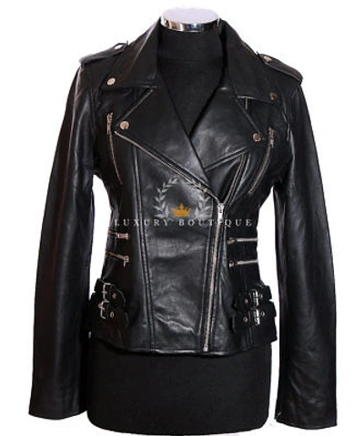 Pre-owned L.b Jessie Black Ladies Biker Fashion Retro Designer Real Lambskin Leather Jacket