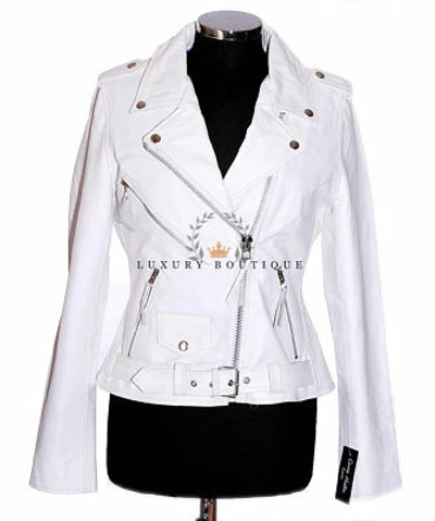 Pre-owned L.b Ladies Brando White Biker Style Designer Real Cowhide Leather Fashion Jacket