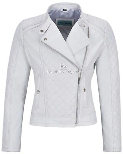 Pre-owned Smart Range Woman's Real Leather Jacket White Biker Style Fitted Diamond Shape Front Panel
