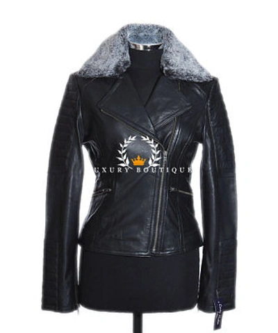 Pre-owned L.b Zoey Black Ladies Fur Collar Designer Quilted Lambskin Leather Fashion Jacket