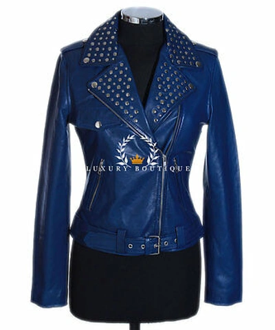 Pre-owned L.b Veronica Blue Ladies Studded Women's Biker Style Real Lambskin Leather Jacket