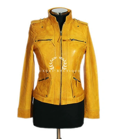 Pre-owned L.b Kelly Yellow Ladies Biker Retro Designer Real Lambskin Leather Fashion Jacket