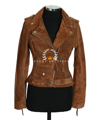 Pre-owned L.b Ladies Brando Brown Suede Biker Designer Real Cowhide Leather Fashion Jacket