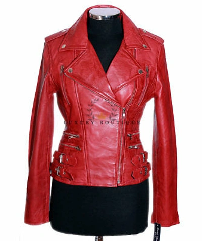 Pre-owned L.b Jessie Red Ladies Designer Retro Real Waxed Lambskin Leather Fashion Jacket