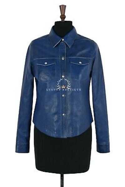 Pre-owned L.b Yvonne Blue Ladies Casual Style Real Soft Lambskin Leather Shirt Jacket