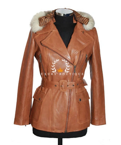 Pre-owned L.b Diaz Tan Ladies Smart Military Designer Fur Hood Lambskin Leather Fashion Jacket