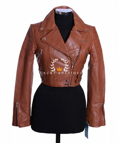 Pre-owned L.b Missy Tan Cropped Ladies Real Waxed Lambskin Leather Short Fashion Jacket