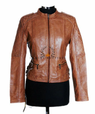 Pre-owned L.b Roxy Tan Ladies Retro Designer Quilted Waxed Lambskin Leather Fashion Jacket
