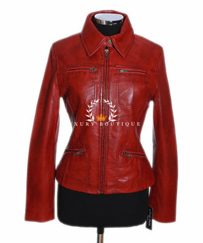 Pre-owned L.b Sydney Red Ladies Smart Collared Designer Waxed Lambskin Leather Fashion Jacket