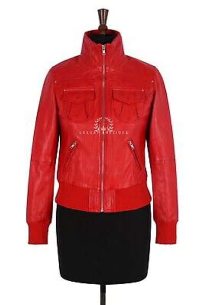 Pre-owned L.b Brooklyn Red Ladies Women's Smart Casual Real Lambskin Bomber Leather Jacket