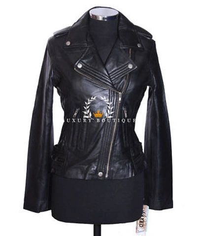 Pre-owned L.b Zoe Black Ladies Biker Retro Designer Real Lambskin Leather Fashion Jacket