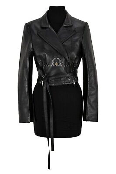 Pre-owned L.b Gothic Ladies Leather Jacket Tie Belt Black Napa Slit Arm & Back Cropped Jacket