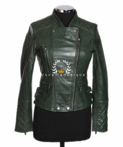 Pre-owned L.b Anabel Green Ladies Designer Real Quilted Waxed Lambskin Leather Fashion Jacket
