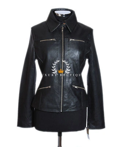 Pre-owned L.b Sydney Black Ladies Smart Collared Designer Real Lambskin Leather Fashion Jacket