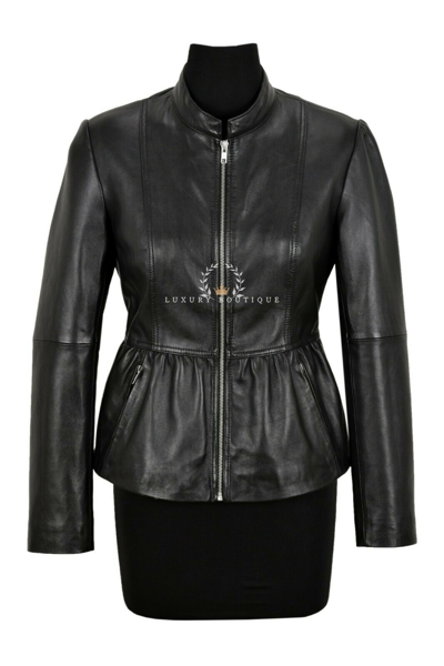 Pre-owned Carrie Ch Hoxton Supermodel Ladies Leather Jacket Black Shirred Waist Classic Chic Fashion Jacket