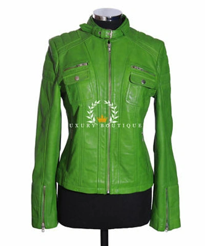 Pre-owned L.b Becky Lime Green Ladies Biker Retro Real Waxed Lambskin Leather Fashion Jacket