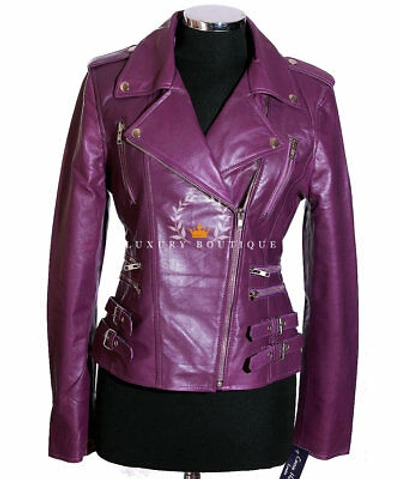 Pre-owned L.b Jessie Purple Ladies Biker Fashion Designer Real Waxed Lambskin Leather Jacket