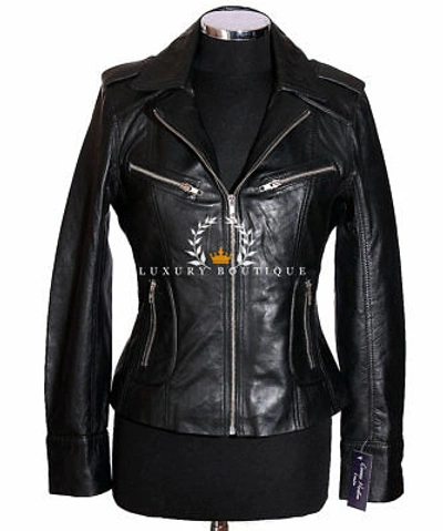 Pre-owned L.b Rachel Black Ladies Smart Retro Designer Real Lambskin Leather Fashion Jacket