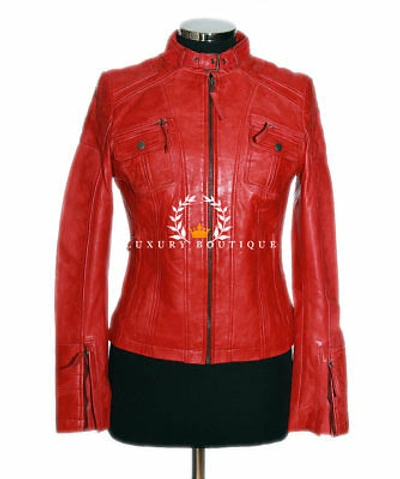 Pre-owned L.b Becky Red Ladies Designer Retro Biker Real Lambskin Leather Fashion Jacket