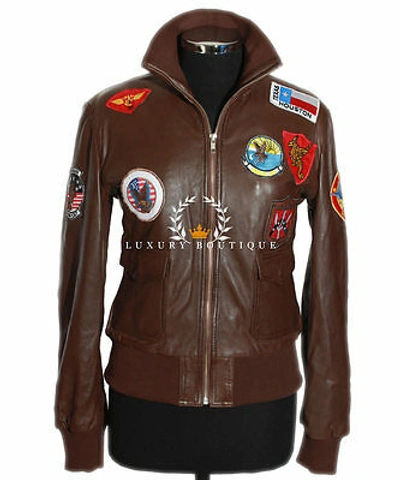 Pre-owned L.b Ladies Top Gun Brown Real Soft Lambskin Nappa Leather Bomber Jacket