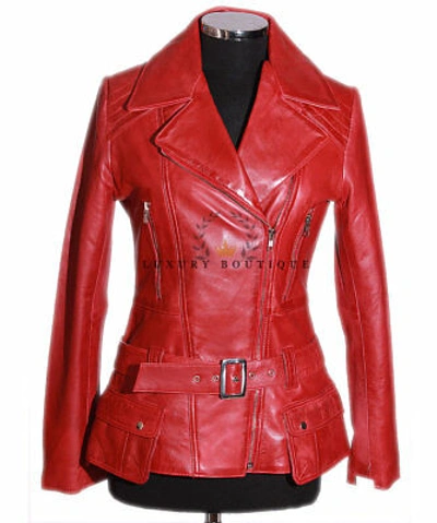 Pre-owned L.b Diaz Red Ladies Smart Military Designer Waxed Lambskin Leather Fashion Jacket