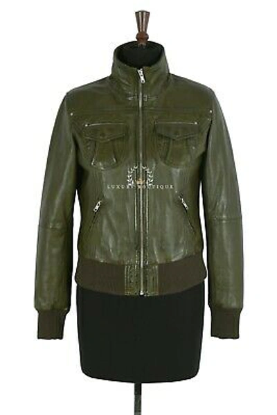 Pre-owned L.b Brooklyn Olive Green Ladies Smart Casual Real Lambskin Bomber Leather Jacket