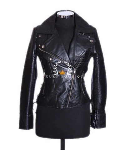 Pre-owned L.b Ivy Black Ladies Biker Fashion Retro Designer Real Lambskin Leather Jacket