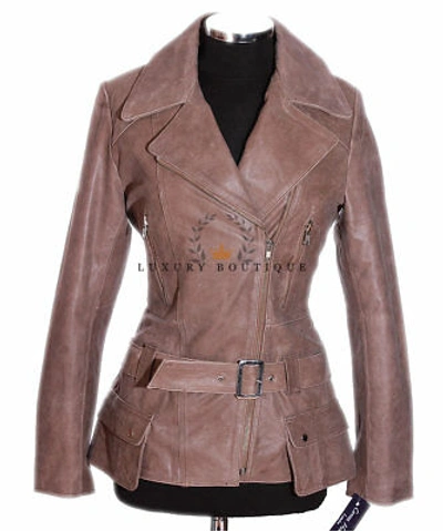 Pre-owned L.b Diaz Khaki Brown Ladies Military Designer Waxed Lambskin Leather Fashion Jacket