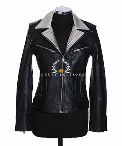 Pre-owned L.b Rachel Black Silver Collar Ladies Smart Retro Vintage Real Sheep Leather Jacket