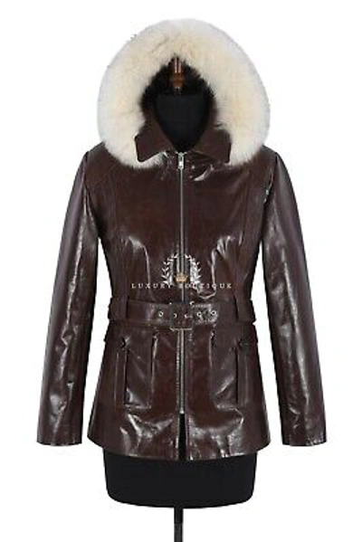 Pre-owned L.b Beyonce Brown Ladies Fur Hooded Real Cowhide Leather Jacket Warehouse Clearance