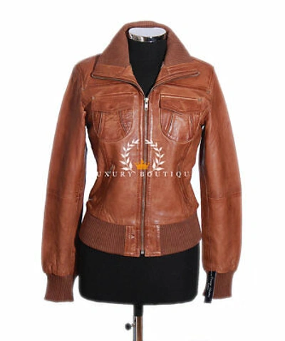 Pre-owned L.b Brooklyn Tan Ladies Smart Designer Real Waxed Lambskin Bomber Leather Jacket