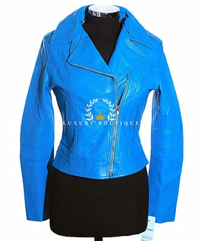 Pre-owned L.b Isabel Blue Ladies Women's Biker Style Fashion Real Lambskin Leather Jacket